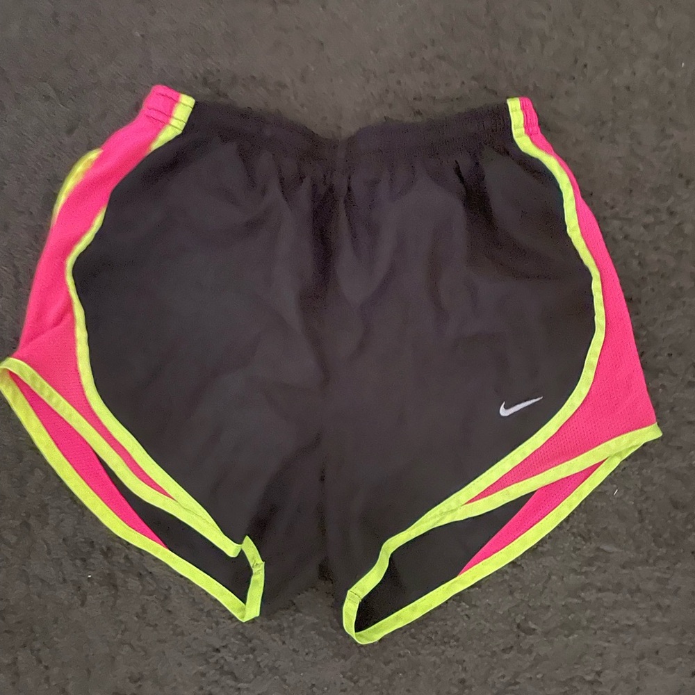 Nike dri fit shorts, black, pink, and yellow
